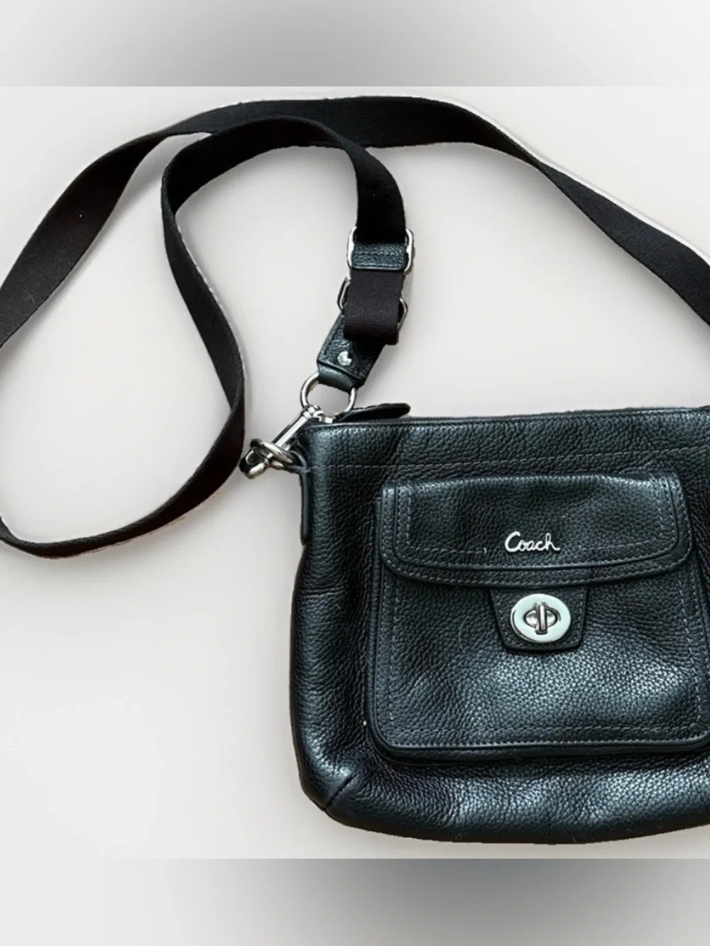 Coach Black Pebbled Leather Crossbody with Turn-Lock Front Pocket silver accent